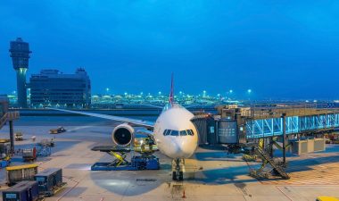 Airplane being preparing ready for takeoff in international airport Airplane being preparing ready for takeoff in international airport