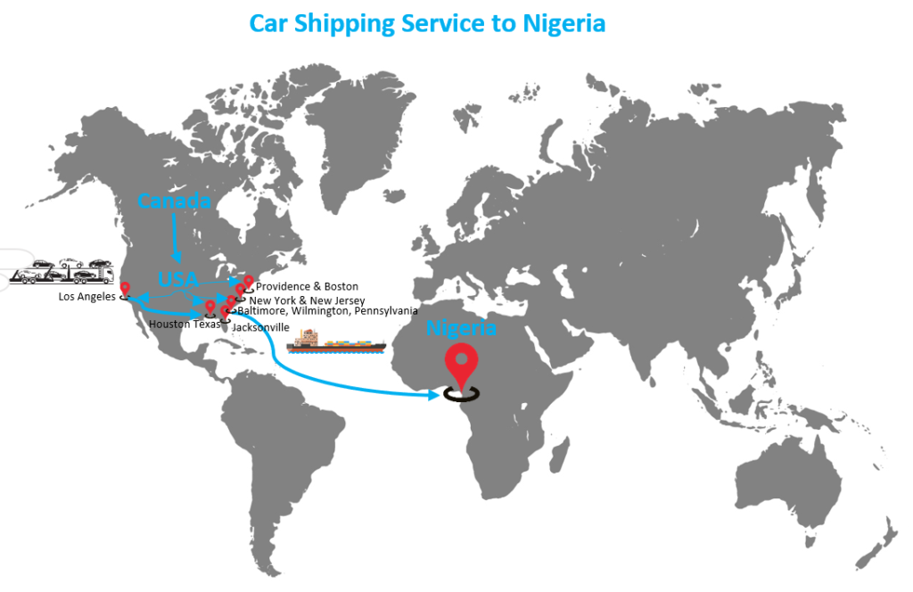 Car Shipping routes from the United States to Nigeria.